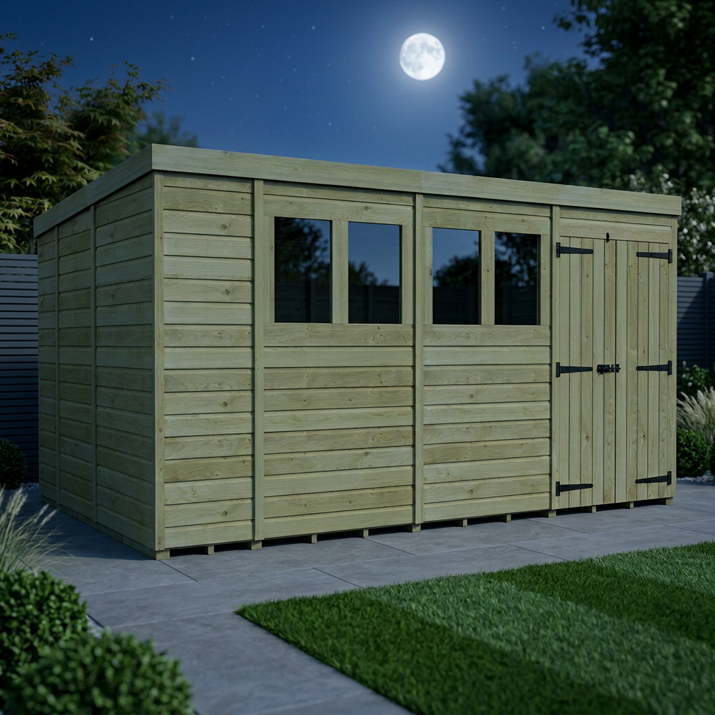 14 x 9 Pent Shed (Double Door, With Windows) - view 2