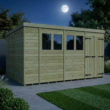 14 x 9 Pent Shed (Double Door, With Windows) - view 2