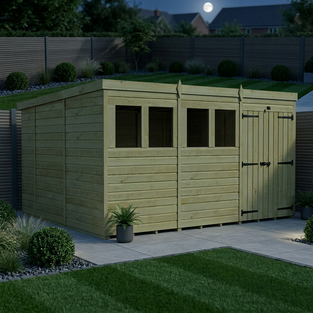 12 x 10 Pent Shed (Double Door, With Windows) - view 2