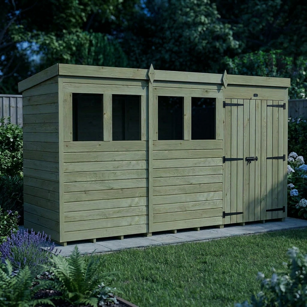 12 x 4 Pent Shed (Double Door, With Windows) - view 5