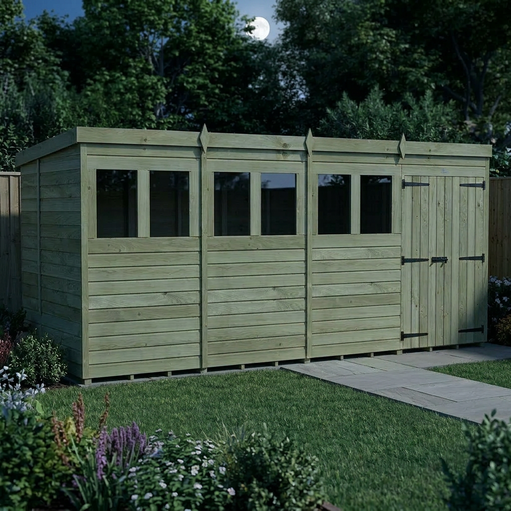 15 x 6 Pent Shed (Double Door, With Windows) - view 5