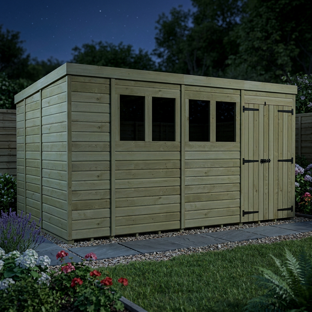 14 x 9 Pent Shed (Double Door, With Windows) - view 4