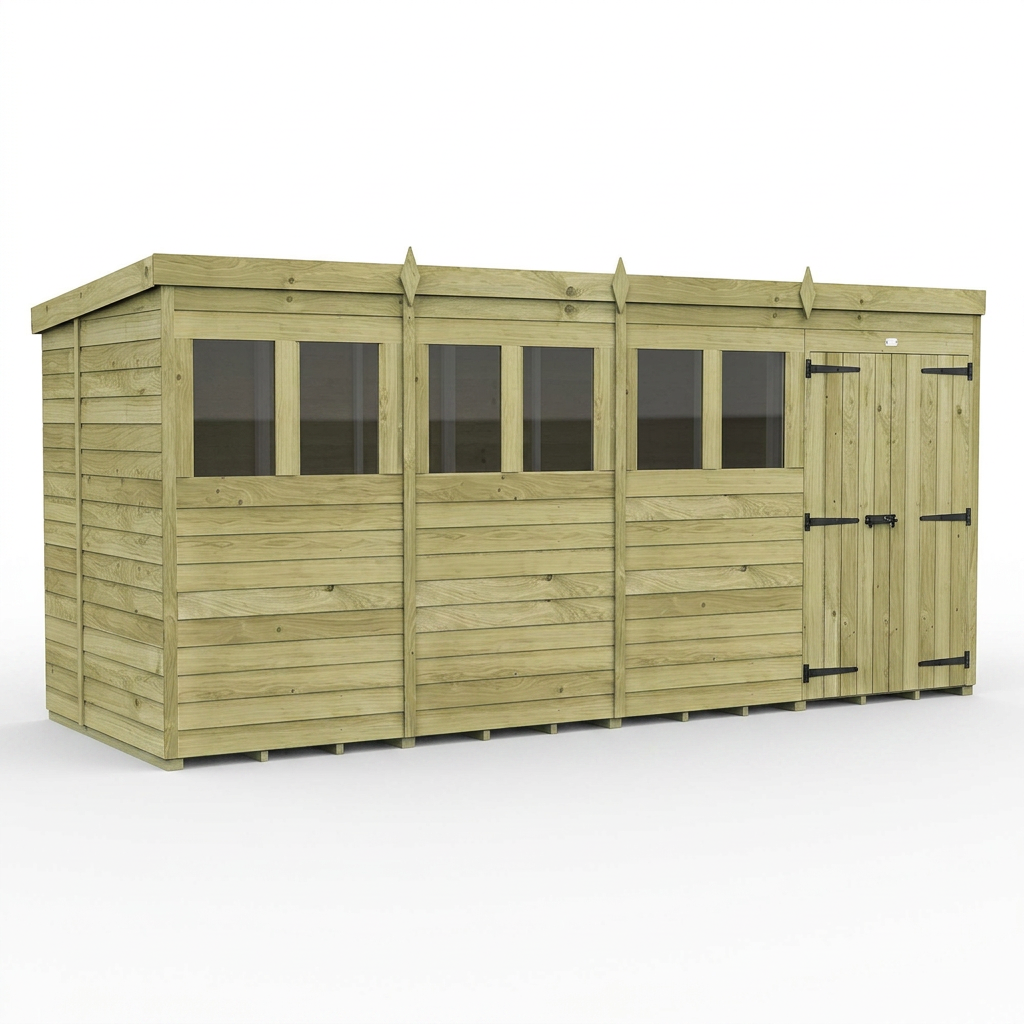 15 x 6 Pent Shed (Double Door, With Windows) - view 4